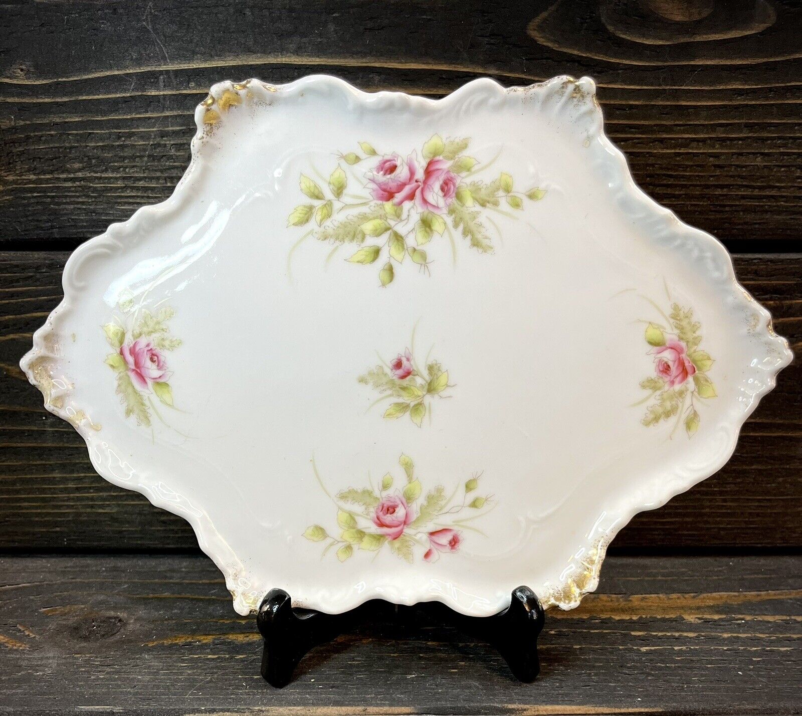 Vintage Porcelain Dresden Germany Vanity Dresser Pink Floral Tray Approx 10”x7”