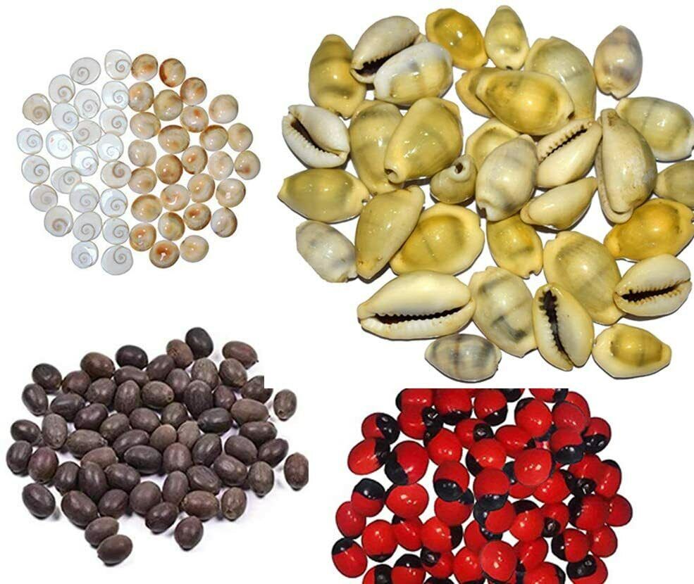 Combo of Red Gunja Beads, Kamal Gatte, Yellow Kaudi and Gomti Chakra 11 pcs each