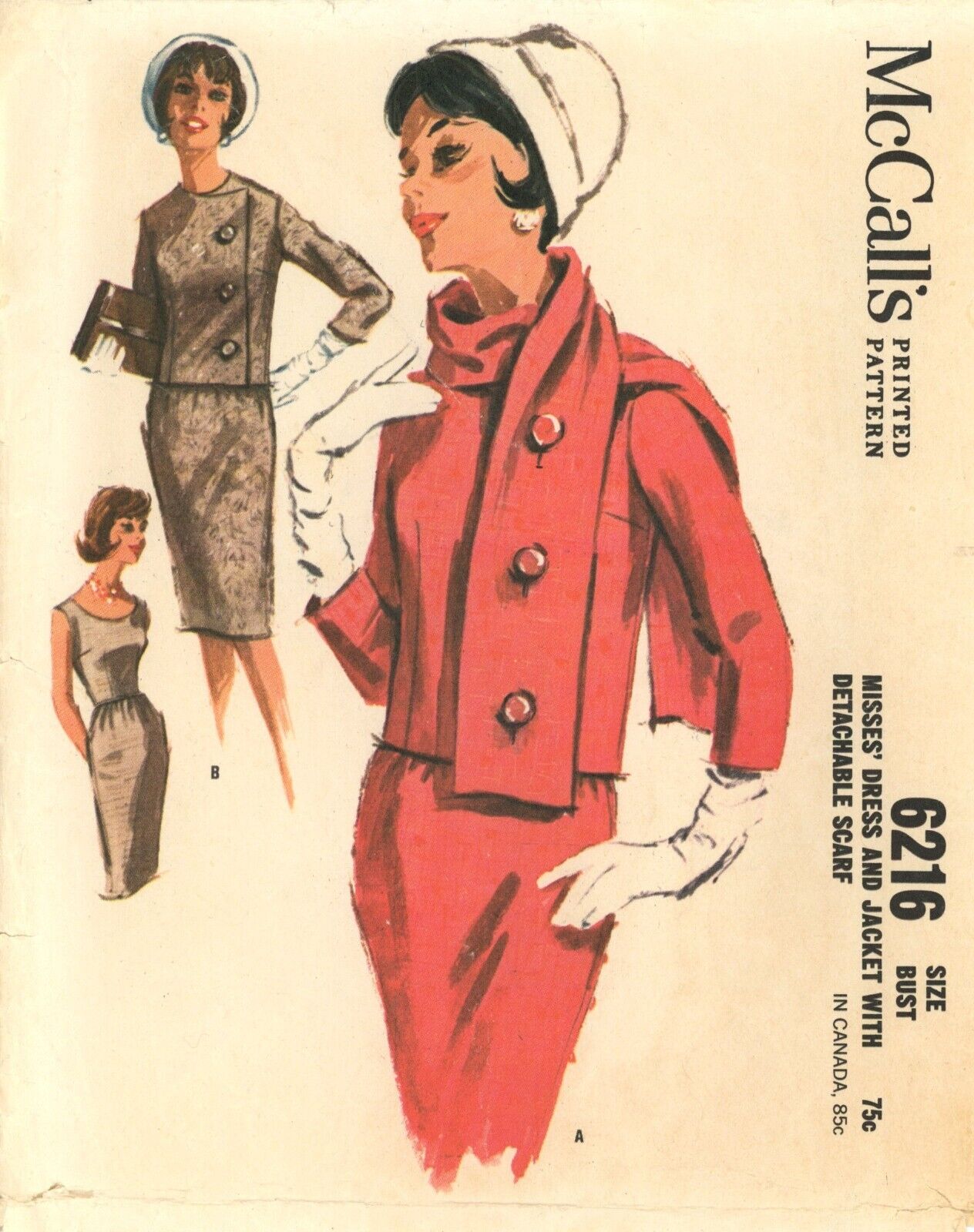 McCall's 6216 Dress w 3 Gore Skirt, Jacket & Detachable Scarf Sz 14 CUT COMPLETE