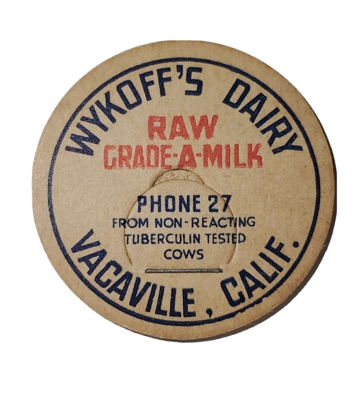 Vacaville, CA Vintage Milk Bottle Cap: Wykoff\'s Dairy