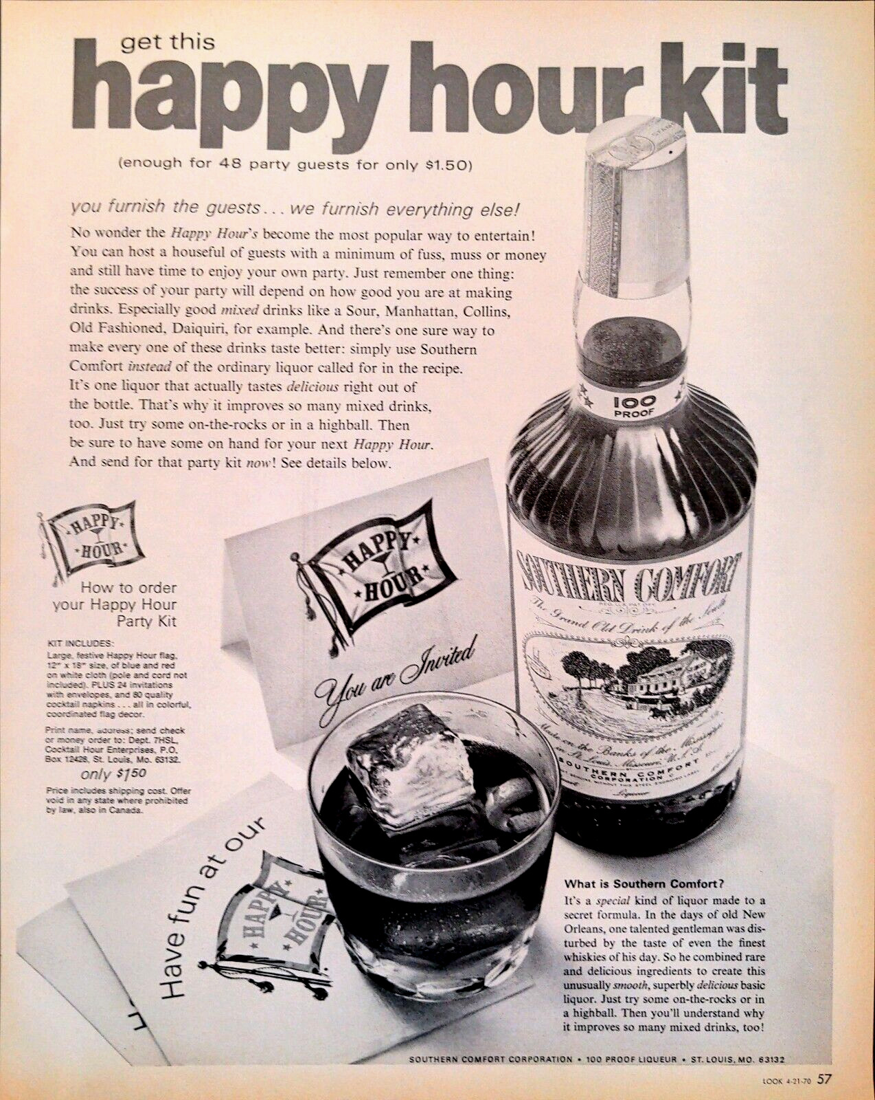 1970 Southern Comfort Ephemera Print Ad And 6 Page Happy Hour Bar Guide Insert