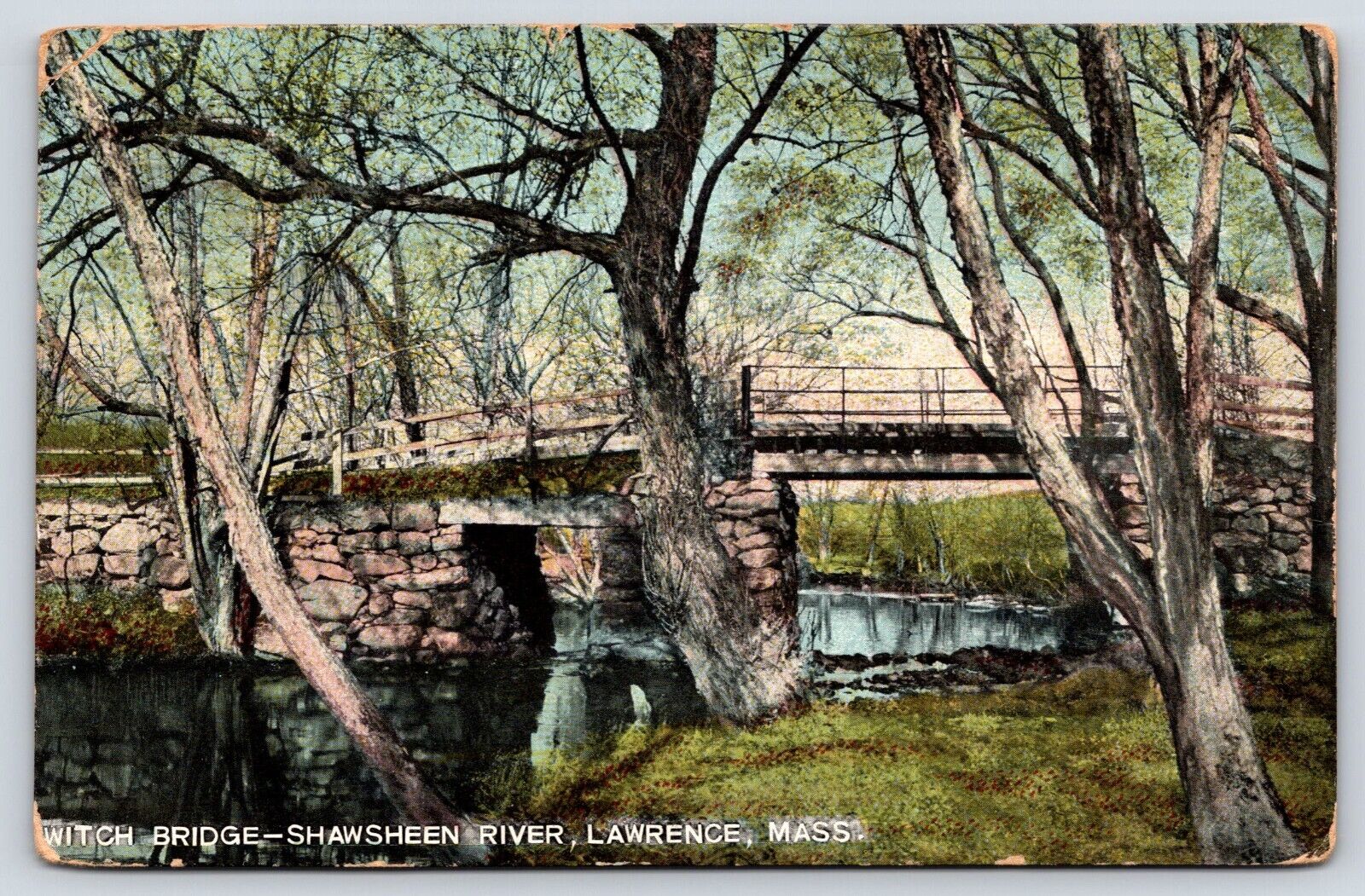 Massachusetts Lawrence Witch Bridge Shawsheen River Vintage Postcard POSTED