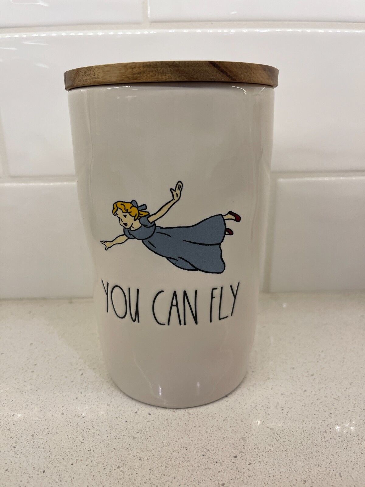 NEW Rae Dunn YOU CAN FLY Peter Pan Wendy Disney Cellar Canister Wooden Lid