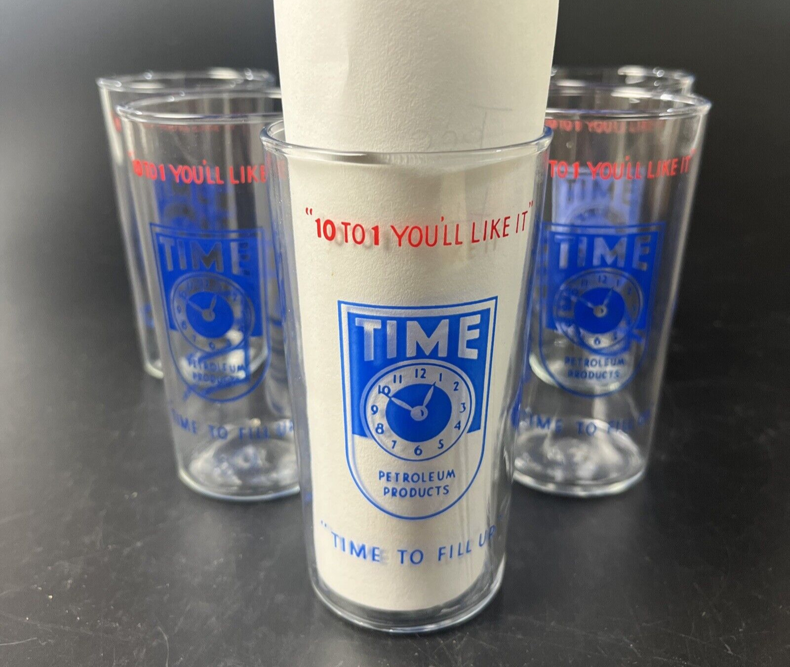 Lot of 6 Vintage Time Petroleum Products Gas Oil Promotional Glasses 1940's NOS
