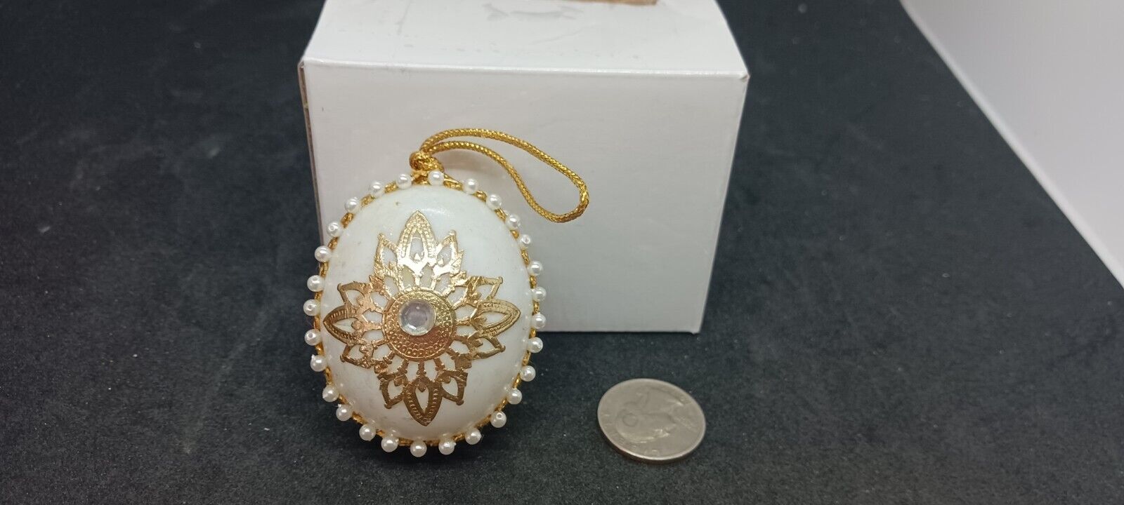 Vintage cream gold beaded sequined egg ornament walco