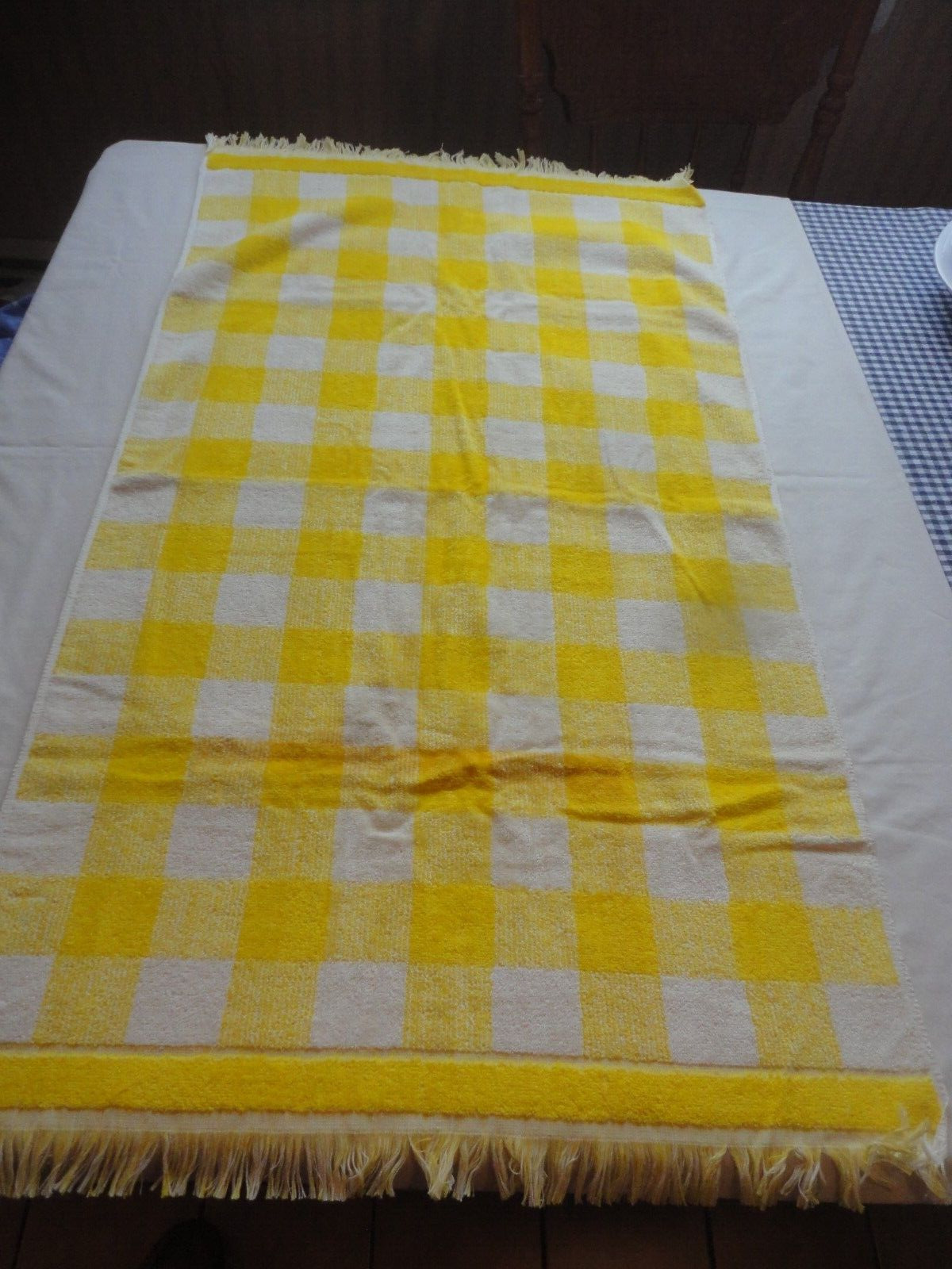 Stevens Bath Towel Vintage 1970\'s Fringed Yellow Check 100% Cotton Made in USA