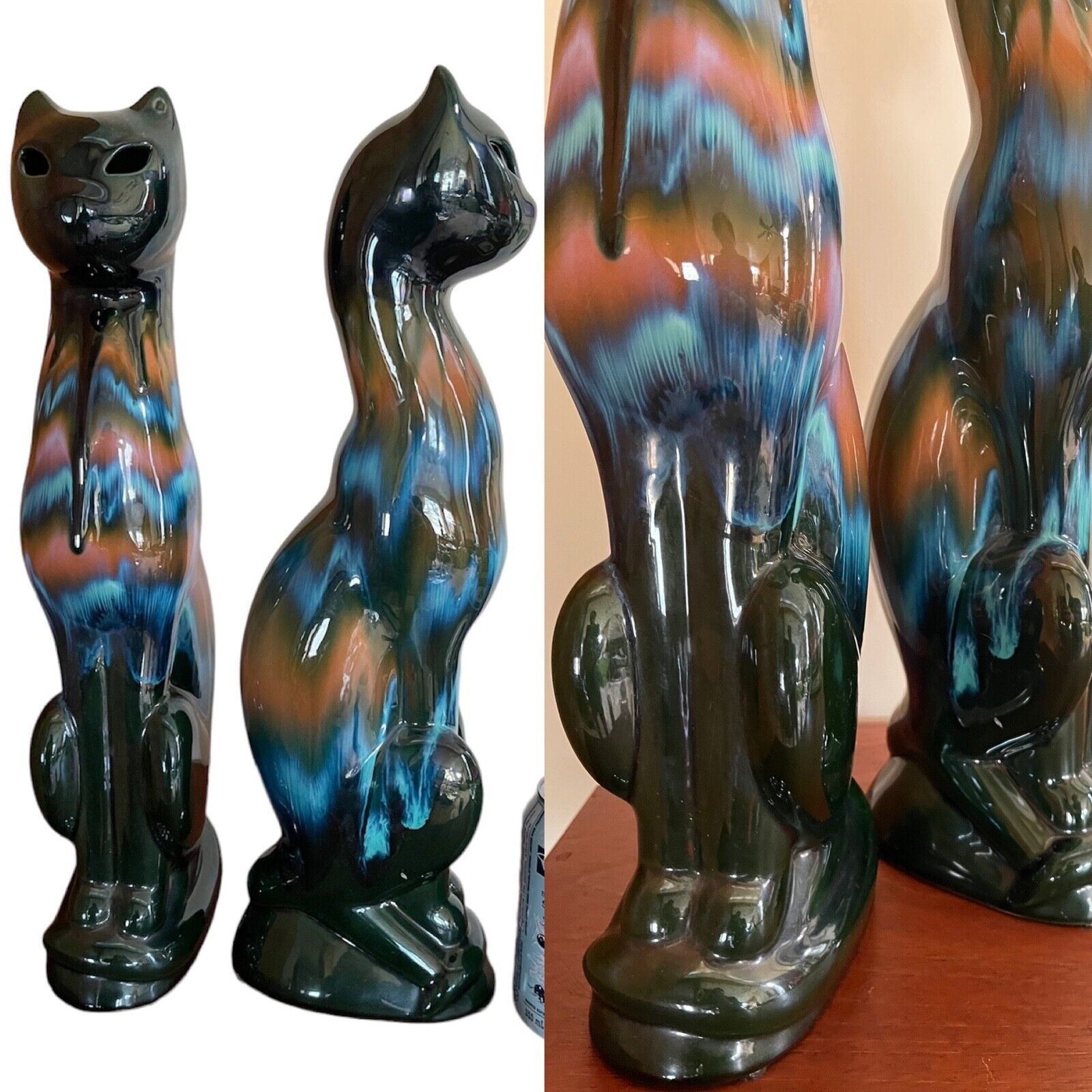 18” PAIR MID CENTURY CERAMIC CAT Sculptures - Large Drip Glaze MCM Boho Vintage