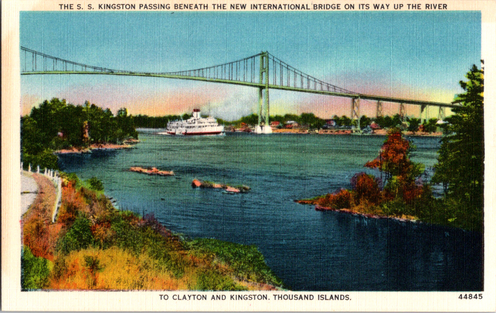 Vintage C 1920's Steamer Under International Bridge Kingston passing NY Postcard