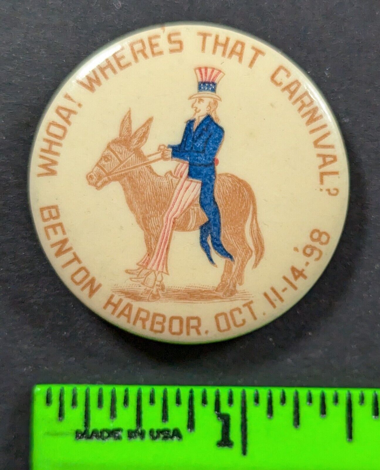 Vintage 1898 Carnival Uncle Sam Donkey Benton Harbor Michigan Pinback Pin