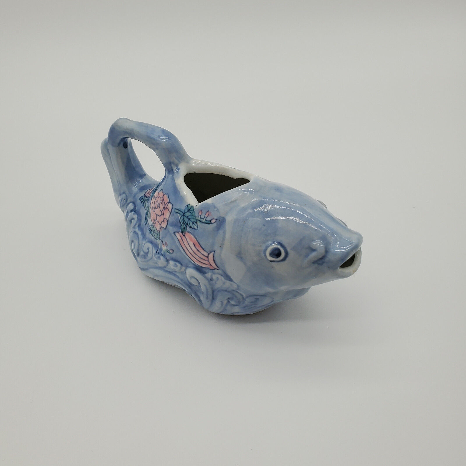 Vintage Blue Koi Fish Ceramic Pitcher