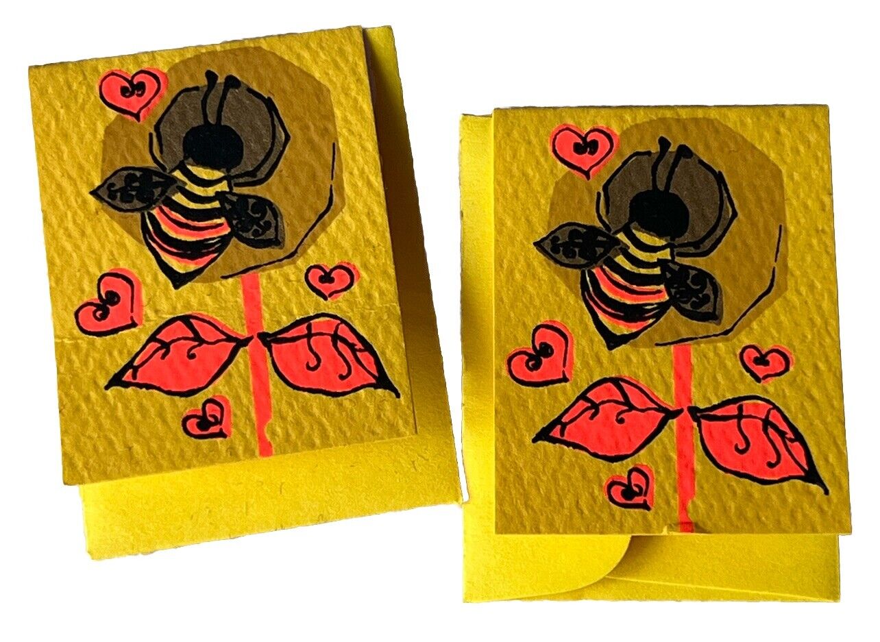 Vintage Running Studio Silk Screened Honeybee Flowers Mini CARDS 2Pc