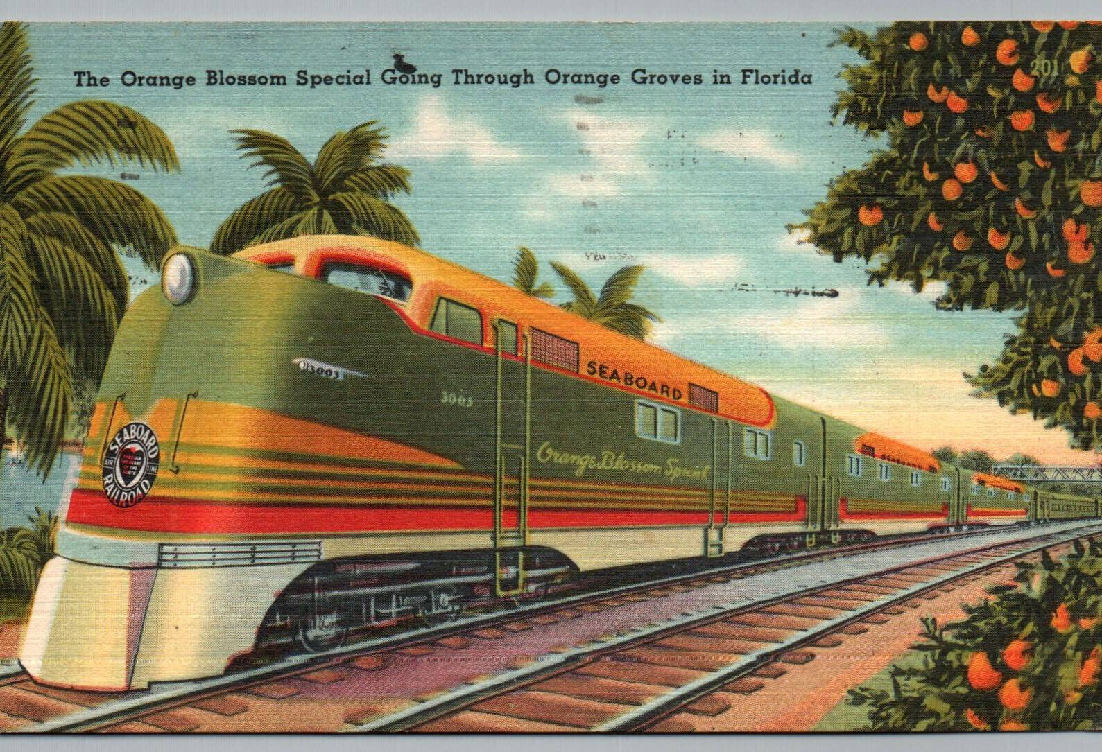 Postcard Florida Train Orange Blossom Special Streamliner 1950s Posted Groves