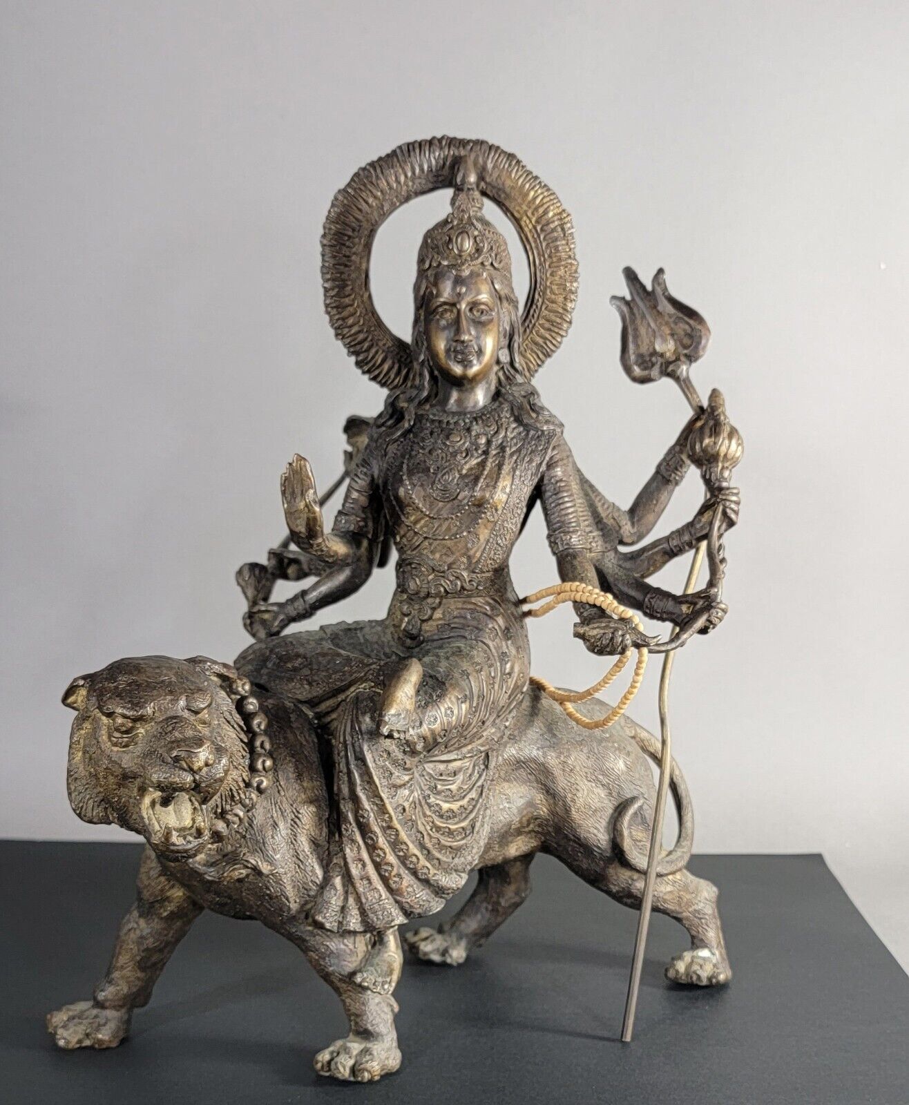 Antique Indonesian Bronze / Alloy Duga Hindu Goddess Seated On A Tiger Statue