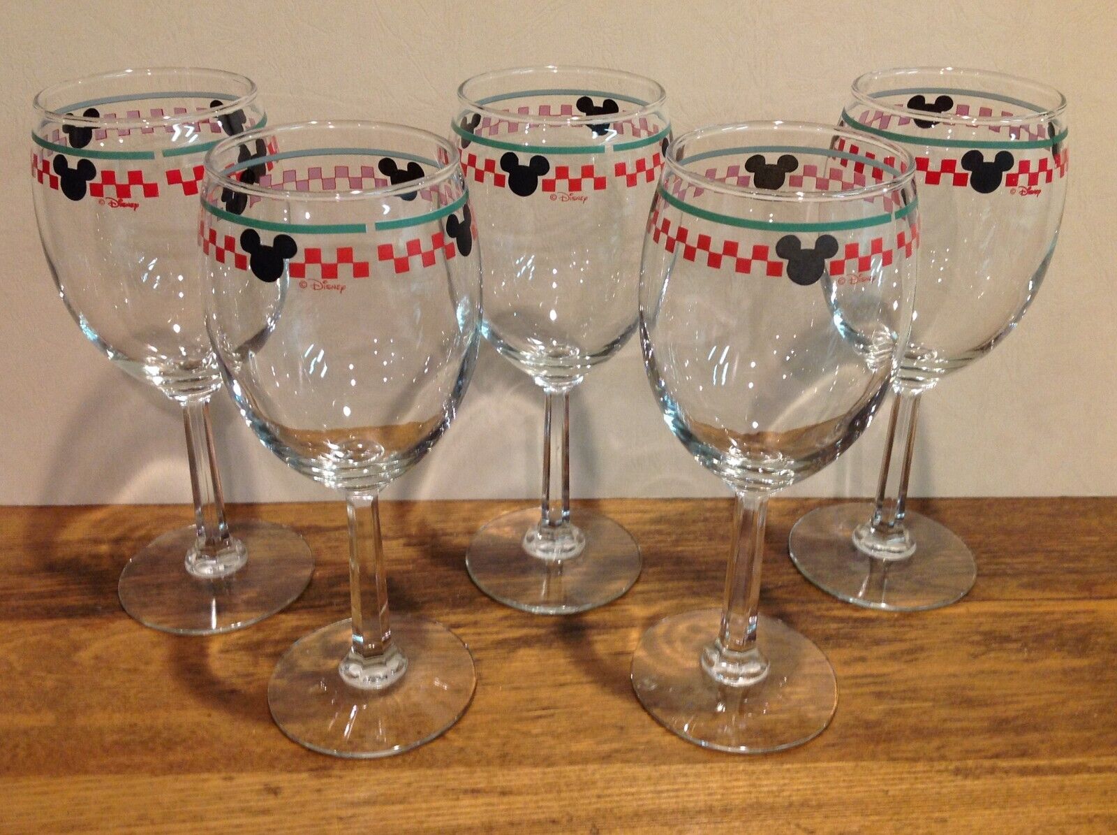 Disney Mickey Mouse Ears Wine Glass Goblet Red Plaid Set of 5 ~ Rare ~ HTF