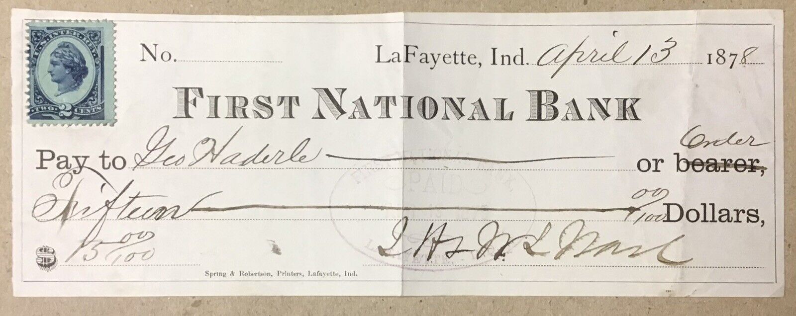 1878 Vintage First National Bank Check Lafayette Indiana USA 2c Revenue Stamp