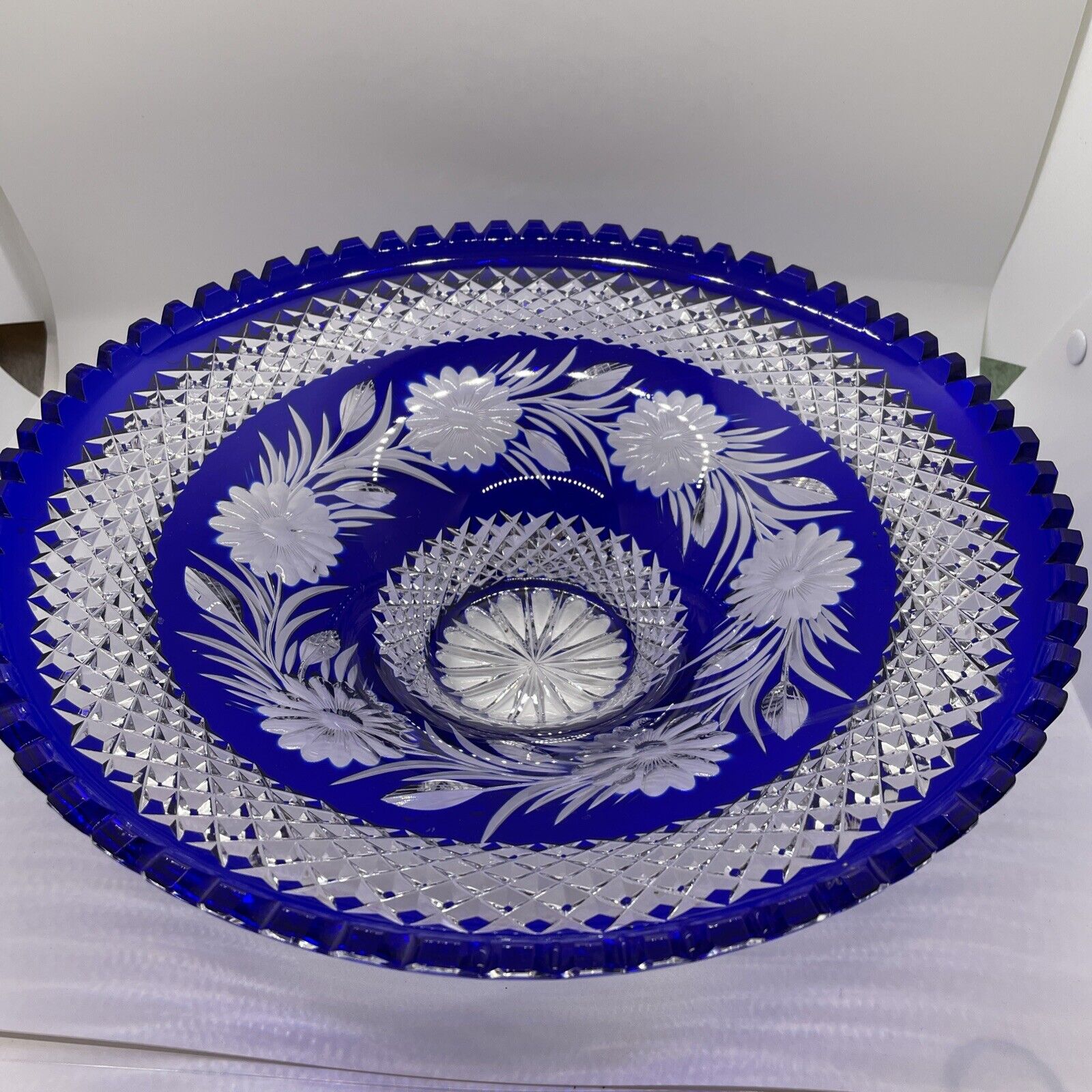 VTG Cobalt Blue CzechBohemian Cut To Clear Crystal Centerpiece Bohemian Bowl