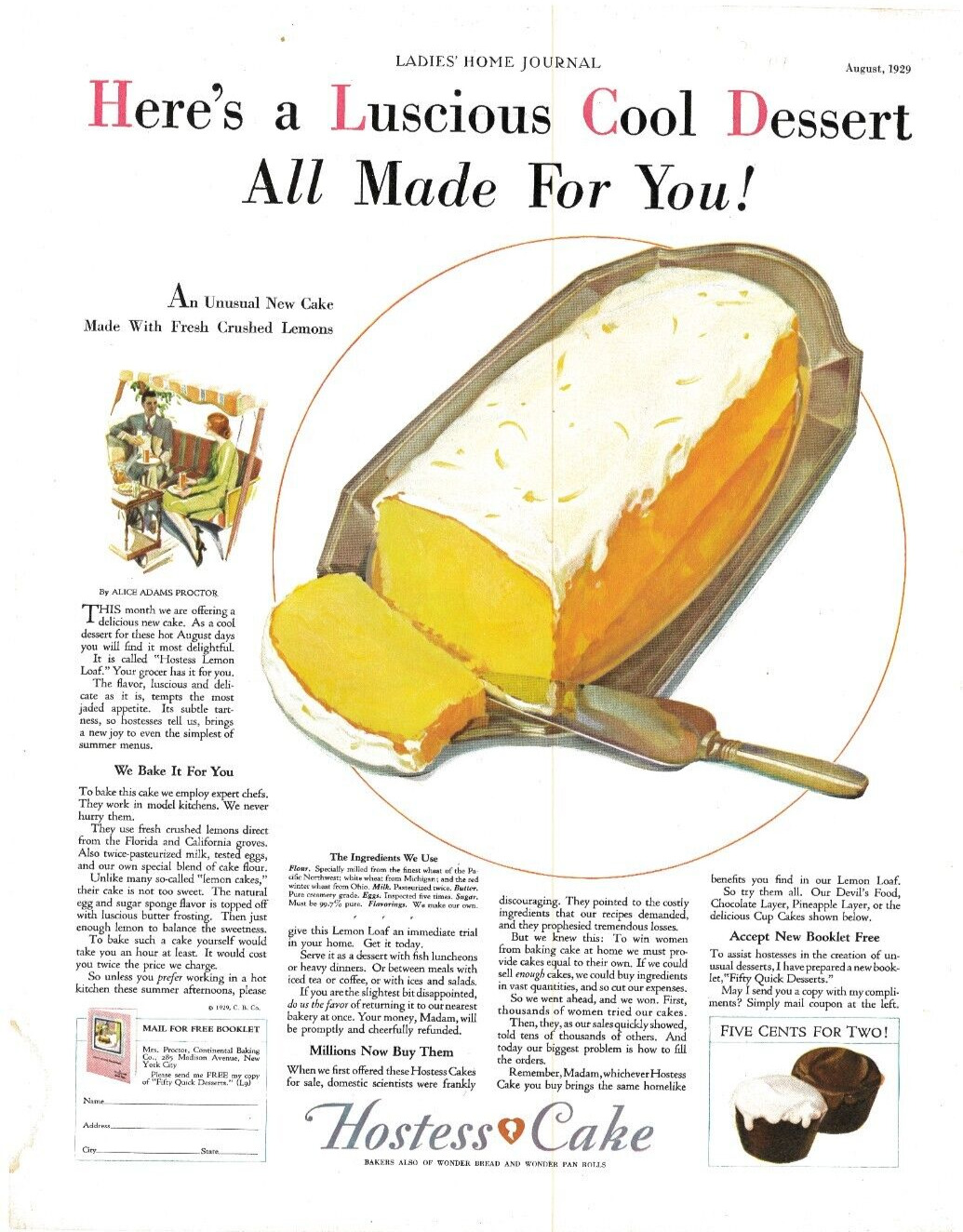 1929 HOSTESS CAKE Snack Desert Cup Cake Bake Goods Vintage Magazine Print Ad