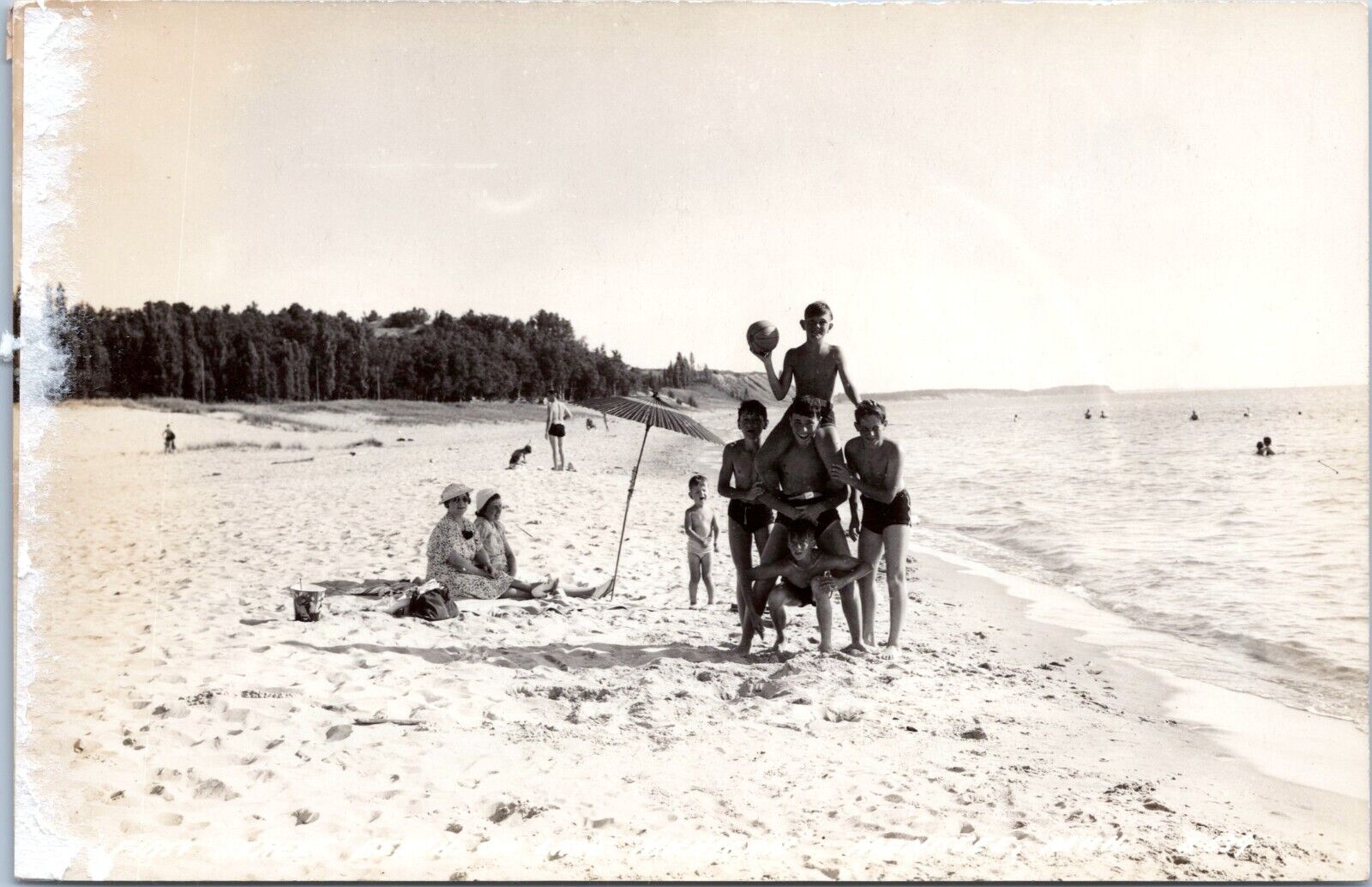 RPPC Human Pyramid, First Street Beach, Manistee, Michigan c1940s Photo Postcard