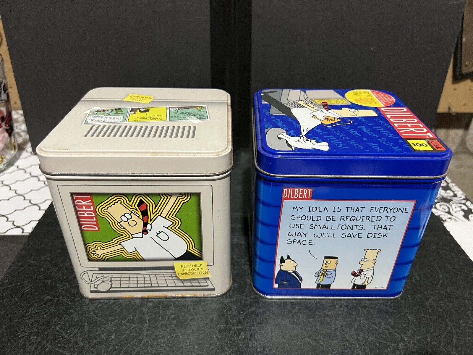 2 Vintage Dilbert Empty Tin Cookie Boxes 1998 Series #1 Approx 5\