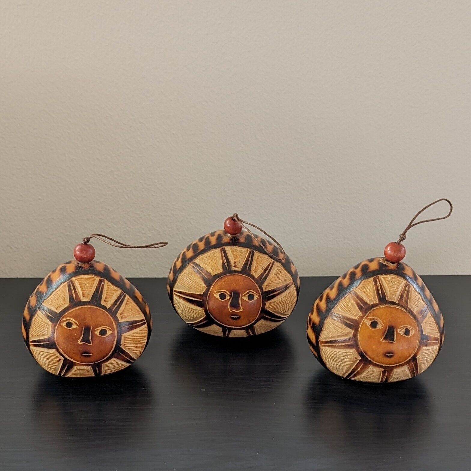 Set of 3 Mates Burilados Sun & Moon Gourd Ornaments Hand Carved & Painted Peru