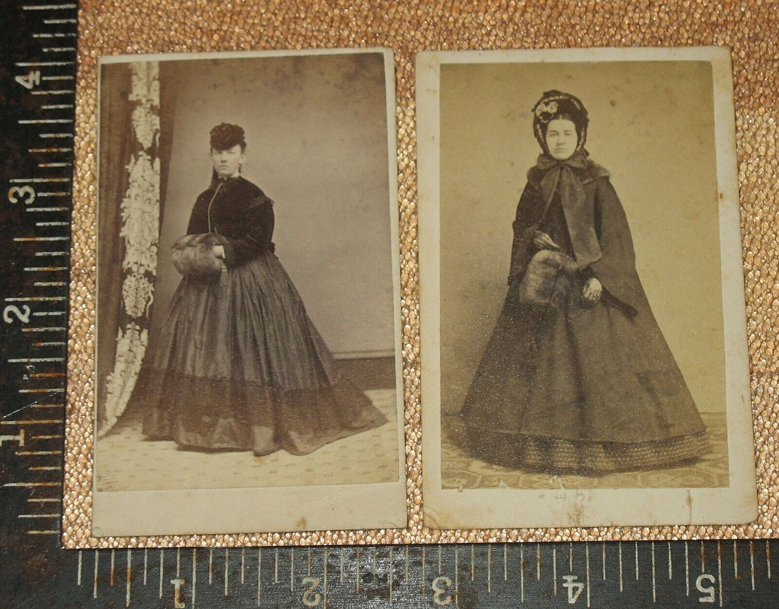 2 CDVs Civil War era Women Winter Victorian Dress Hand Muff