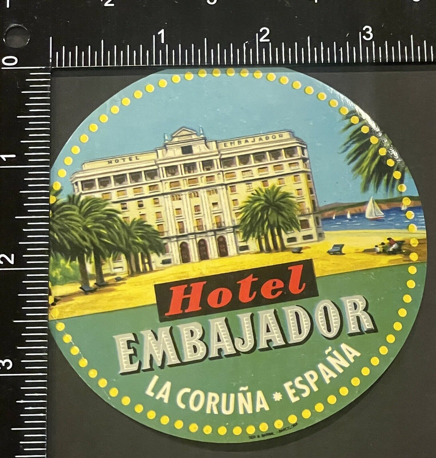 Vintage Luggage Label Hotel Embajador La Coruna Espana Circle