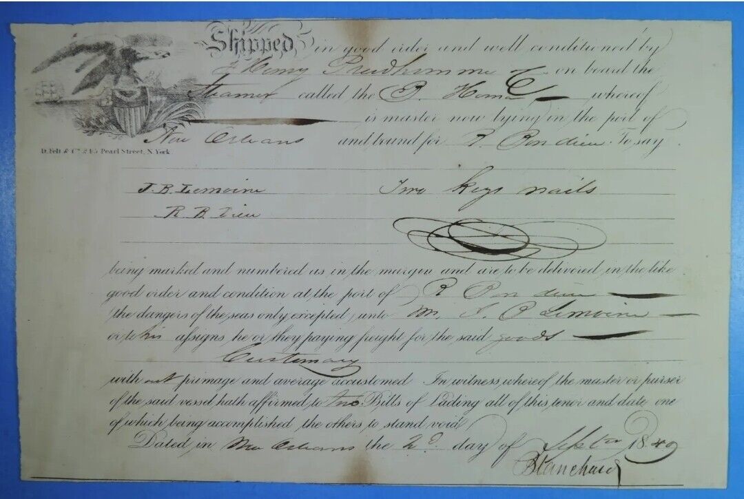 1849 New Orleans Eagle & Shield Vignette Freight Ship Shipping Receipt