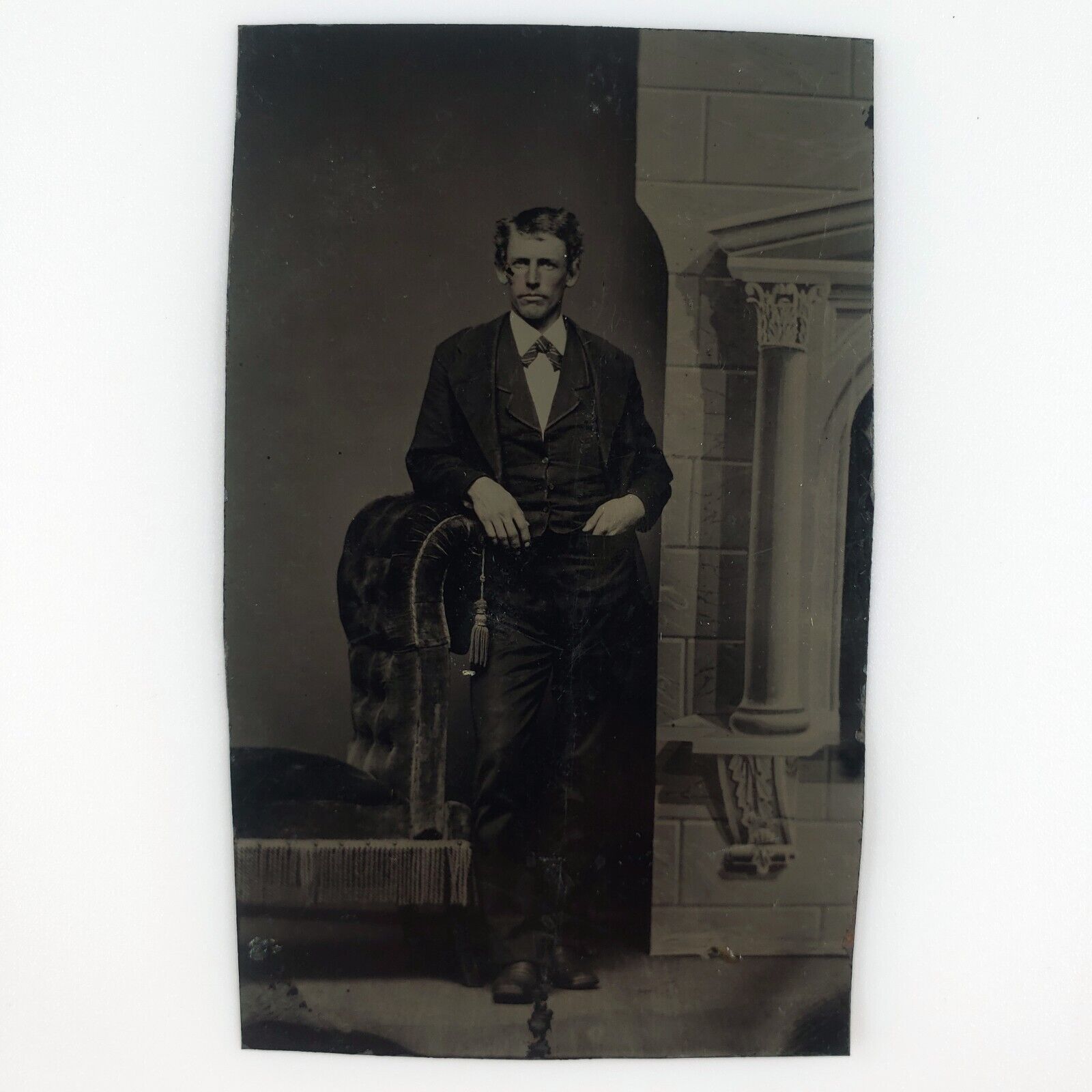 Standing Casual Handsome Man Tintype c1870 Antique 1/6 Plate Studio Photo C2096