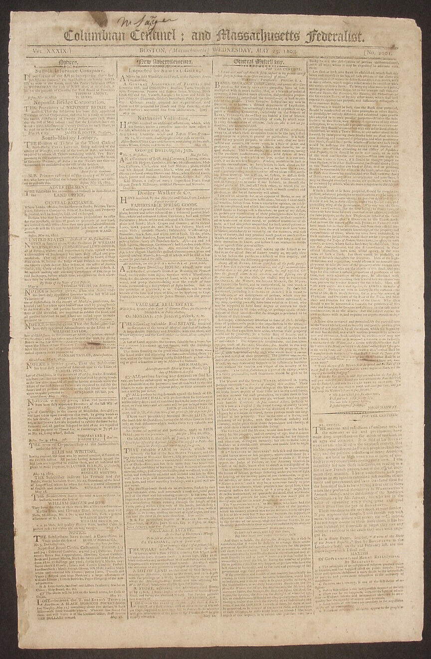 1803 The Columbian Centinel; and Massachusetts Federalist Newspaper, Original
