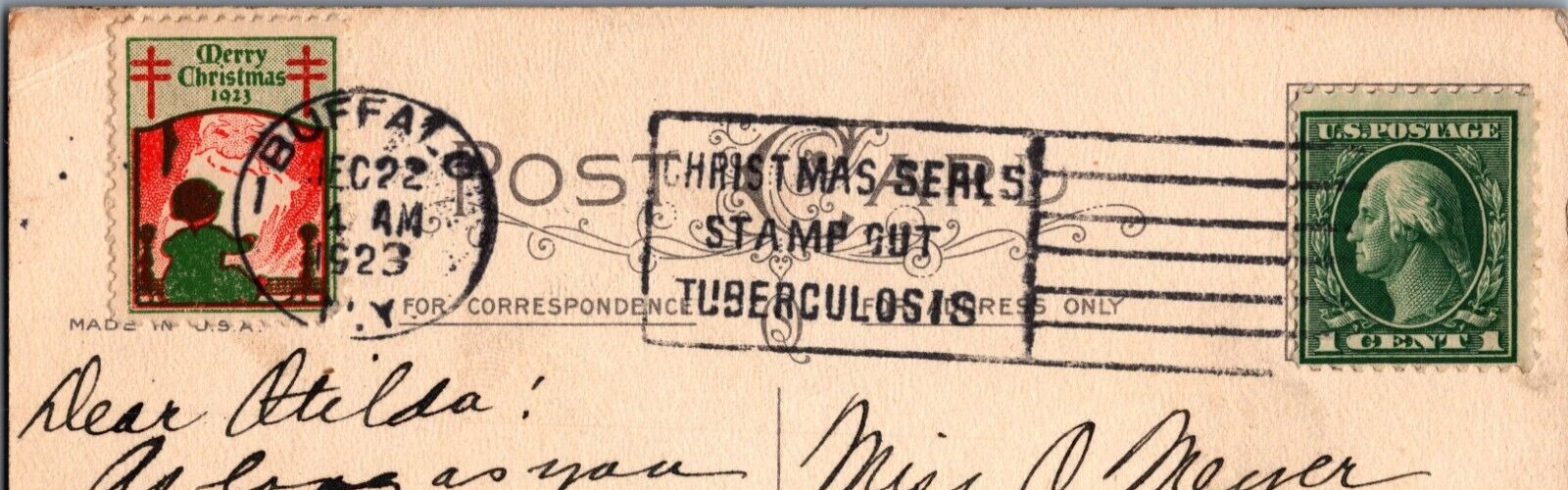 Rare 1923 Christmas Seal Tied to Postcard Clear Tuberculosis Cancel