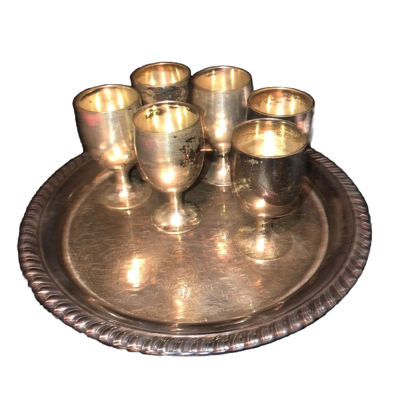 6 Vintage Leonard Silver Plate Shot Glasses / Small Sherry Goblets Tray Fun