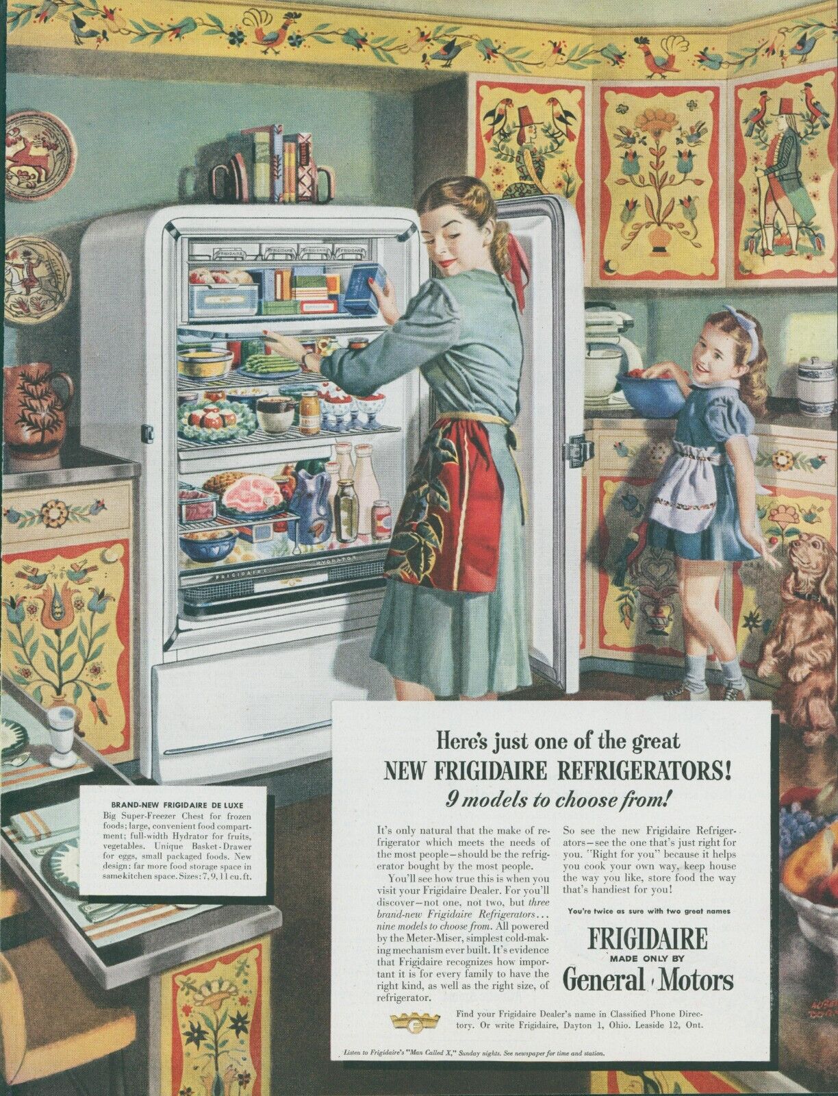 1948 Frigidaire Refrigerator Folk Art Dog Man Called X Stocked Print Ad SP20