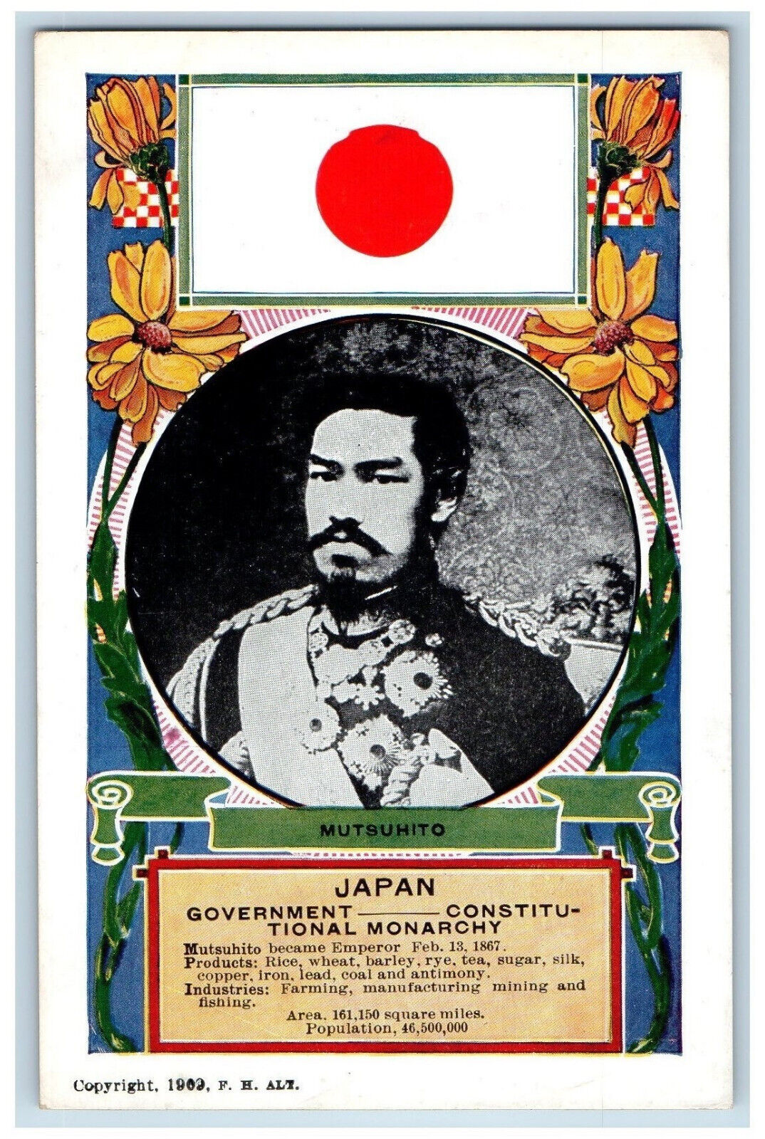 Japan Postcard Emperor Mutsuhito Flag View 1909 FH Alt Unposted Antique