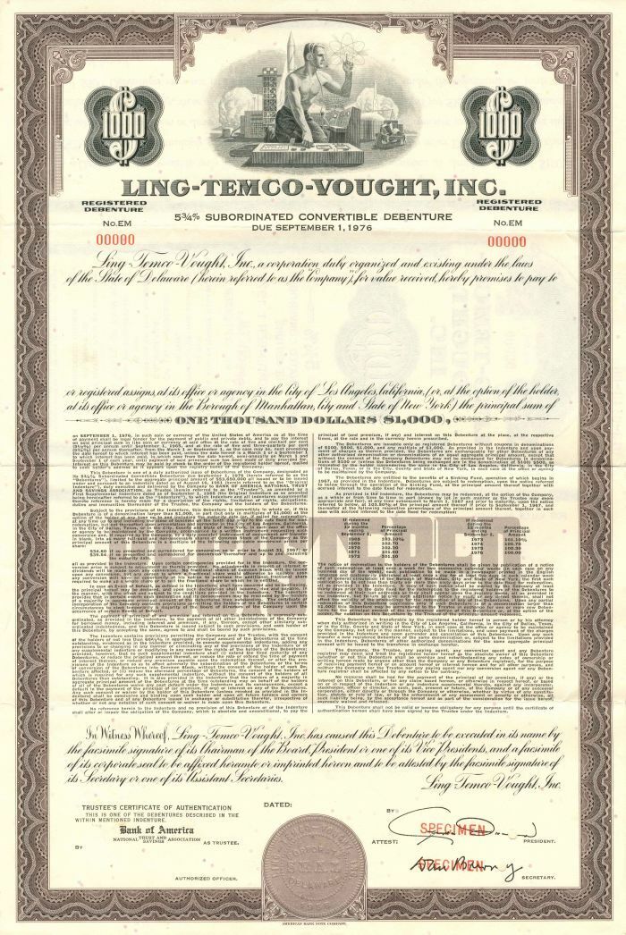 Ling-Temco-Vought, Inc. - $1,000 - Bond - Specimen Stocks & Bonds