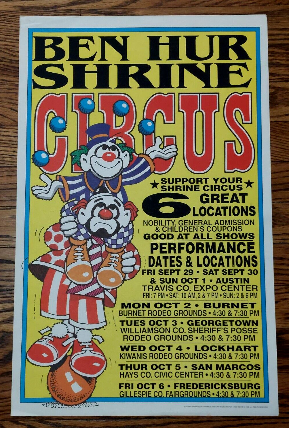 Vintage 1992 Shrine Circus Tour Poster 14”x22” (2 cartoon clowns) RARE