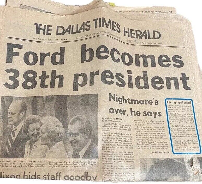 Vtg Dallas Times Herald Ford Becomes 38th President Newspaper Aug 9 1974