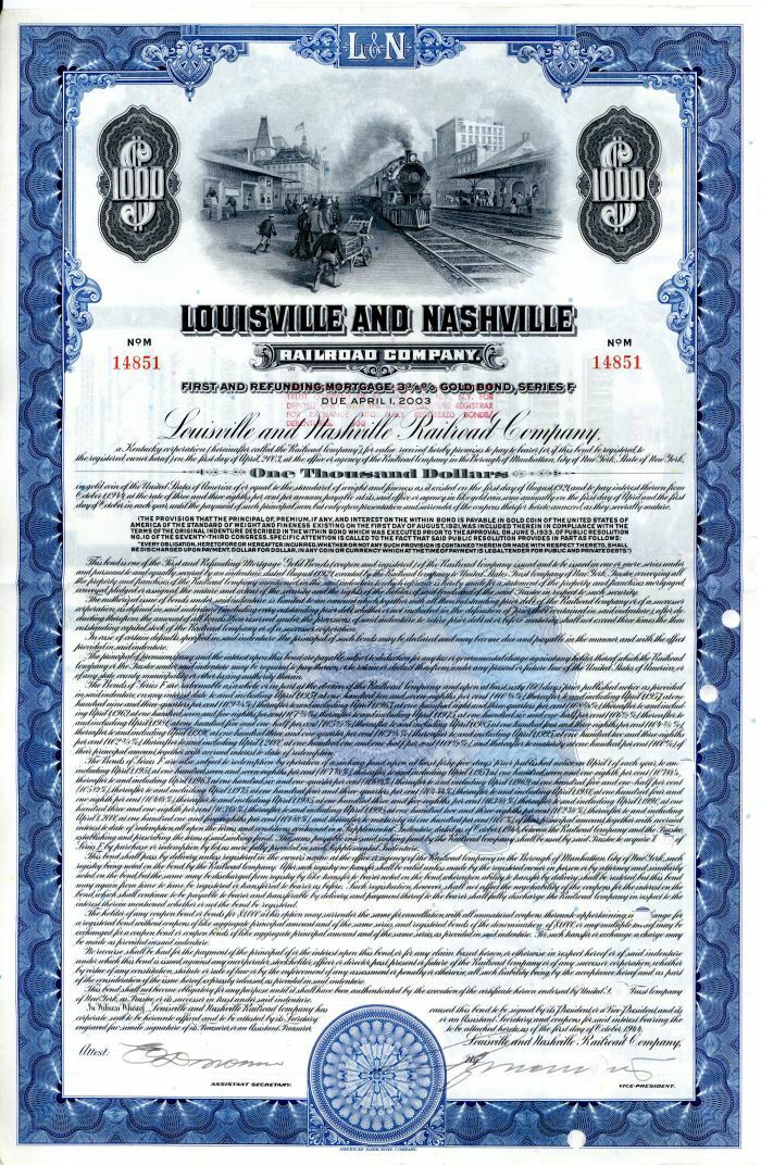 Louisville and Nashville Railroad Co. - $1,000 Railway Bond - Railroad Bonds