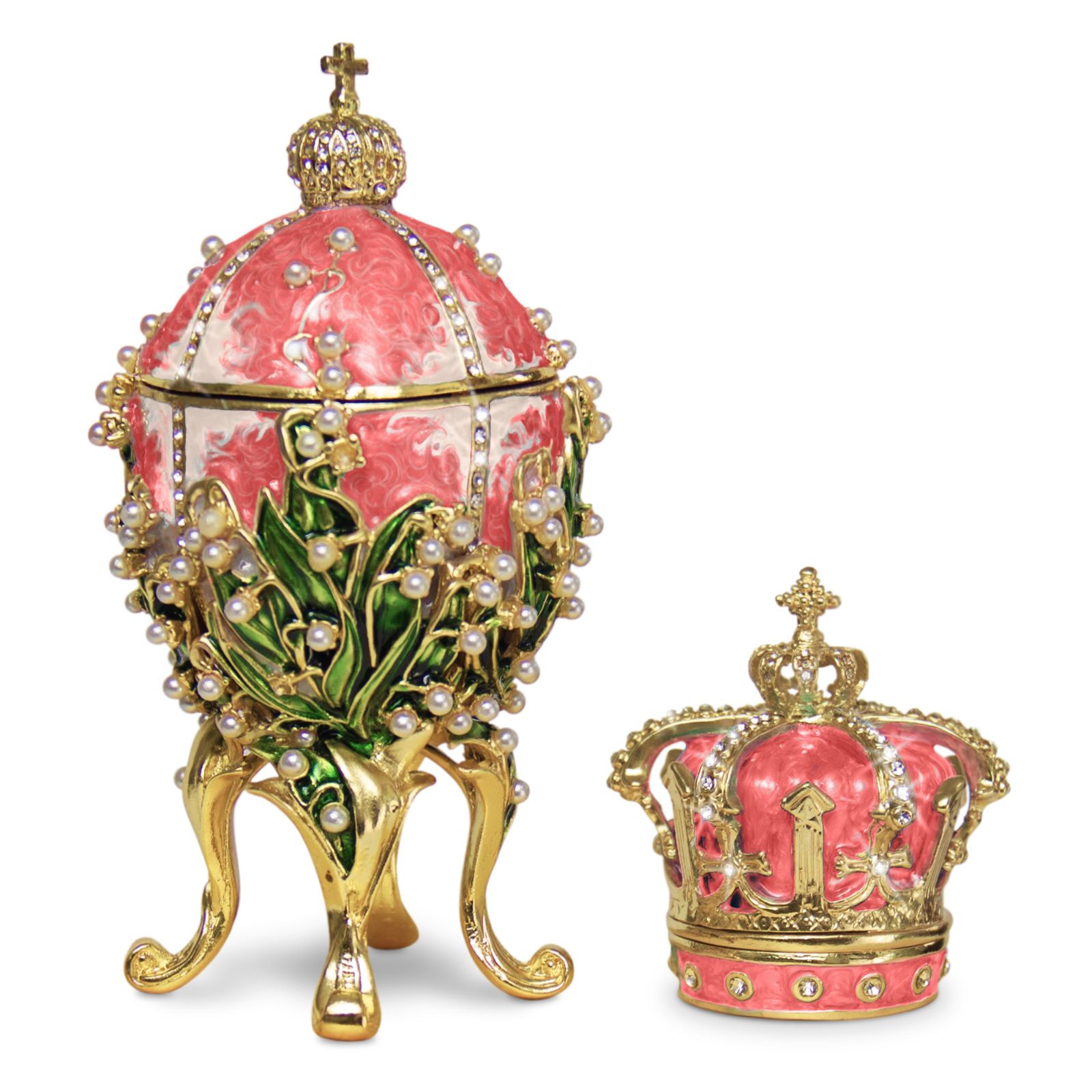 Pink Lilies of the Valley Faberge Egg Replica Extra Large 5.9 inch + Crown