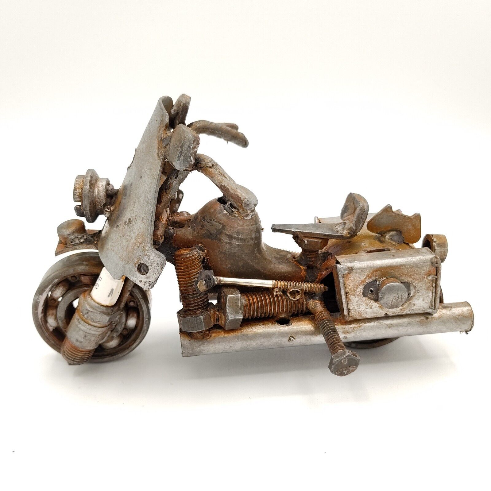 Vintage Folk Art Motorcycle Metal Nuts Bolts Spark Plugs Rustic Rust Sculpture