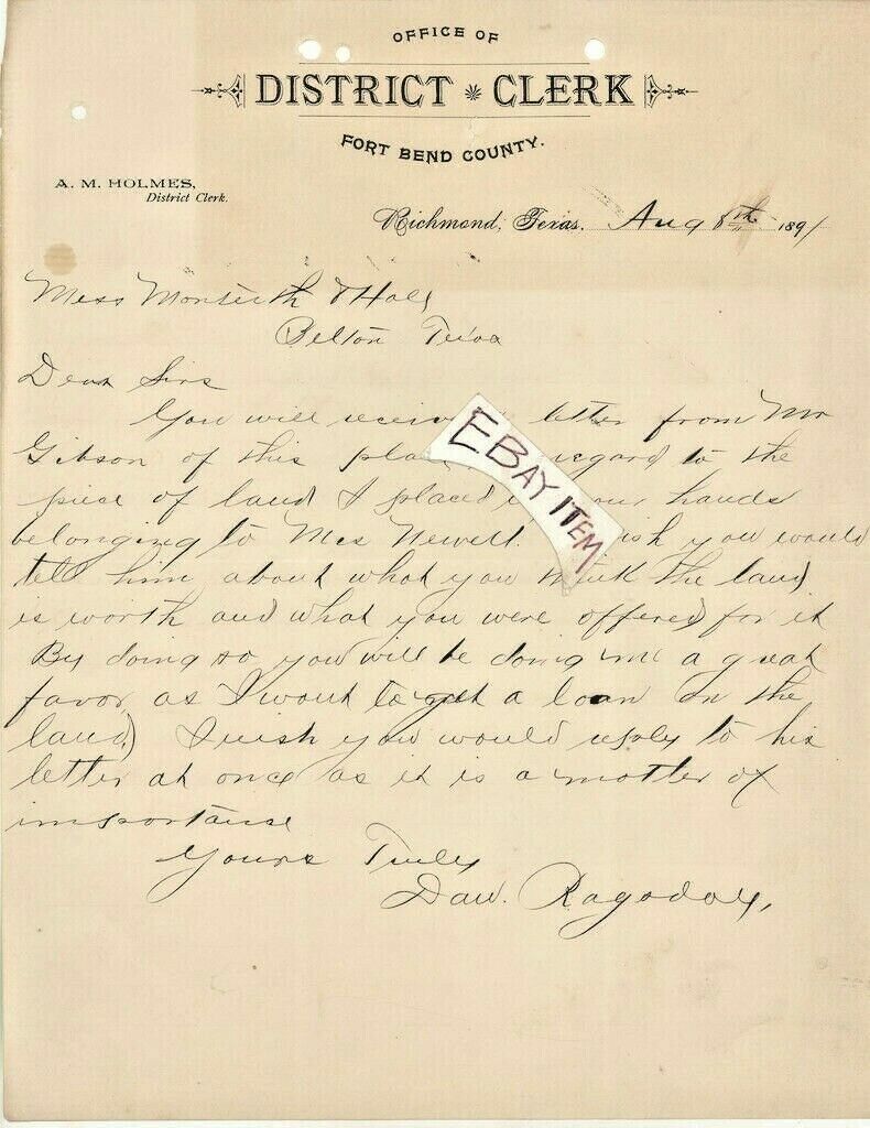 1891 RICHMOND TEXAS A M Holmes DISTRICT CLERK Fort Bend County DAW DAN RAGSDALE