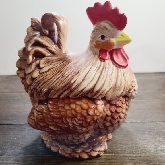 Vintage Handmade Rooster Chicken Cookie Jar Ceramic Clay Hand painted