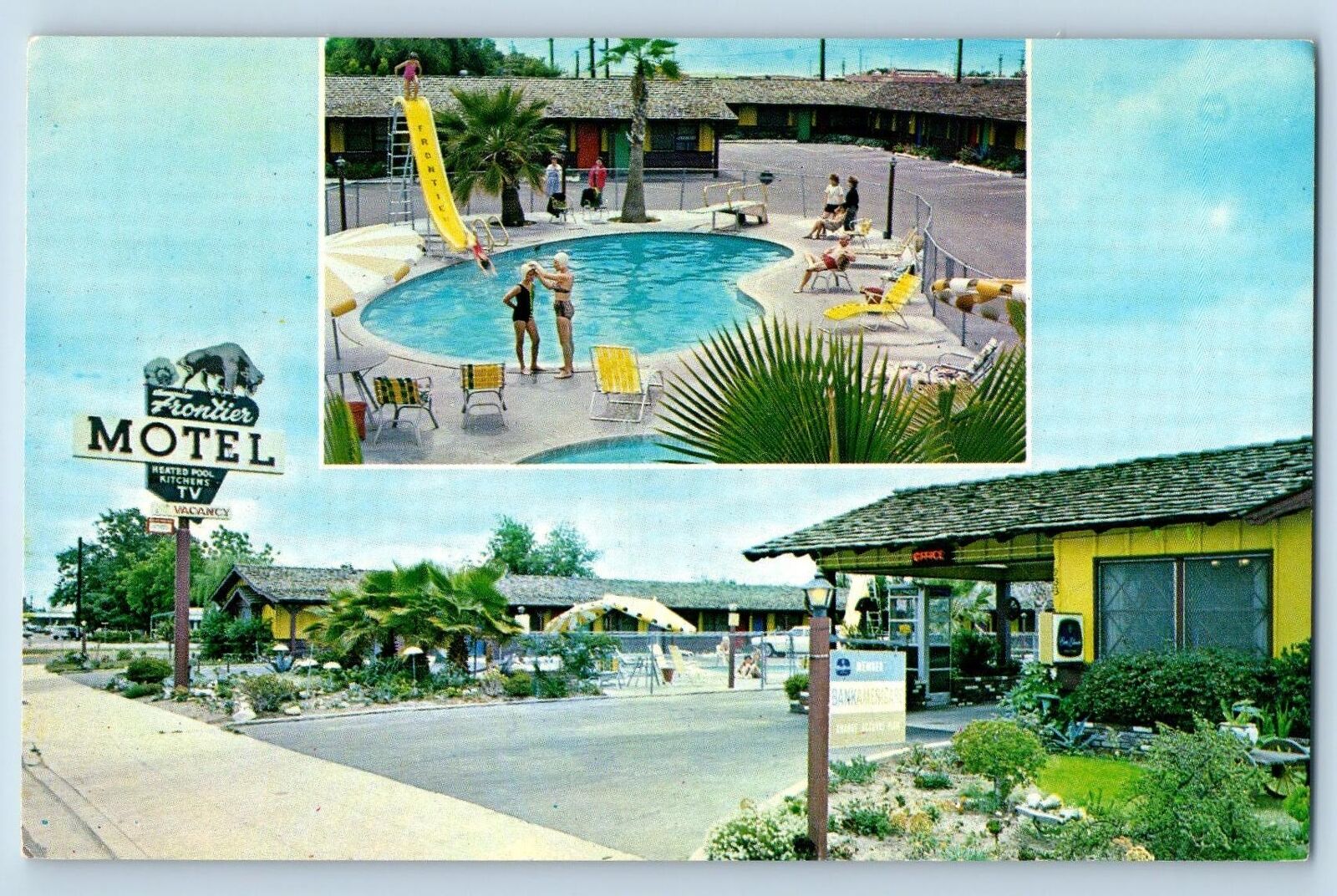Anaheim California CA Postcard Frontier Motel Swimming Pool View c1960's Signage