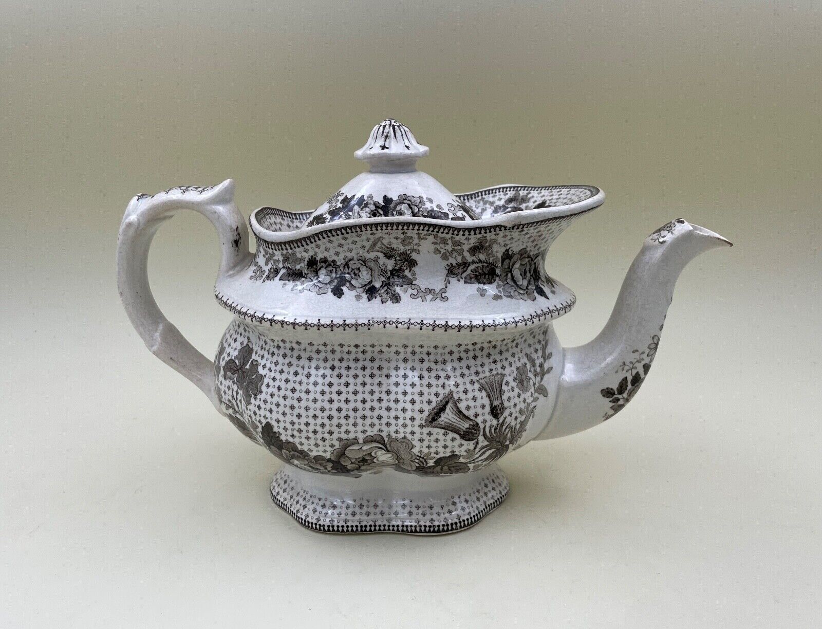 Early English Staffordshire Brown Transferware Floral Teapot
