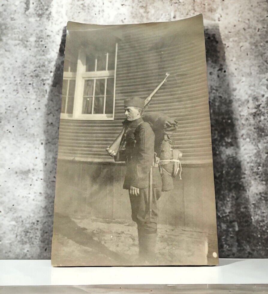 WWI Era Soldier Bill Martins in Uniform Rifle & Backpack Doughboy Military Photo