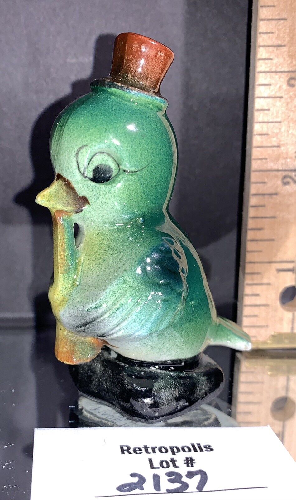 VTG Green BIRD Playing Horn Wearing Hat Ceramic Figurine Japan