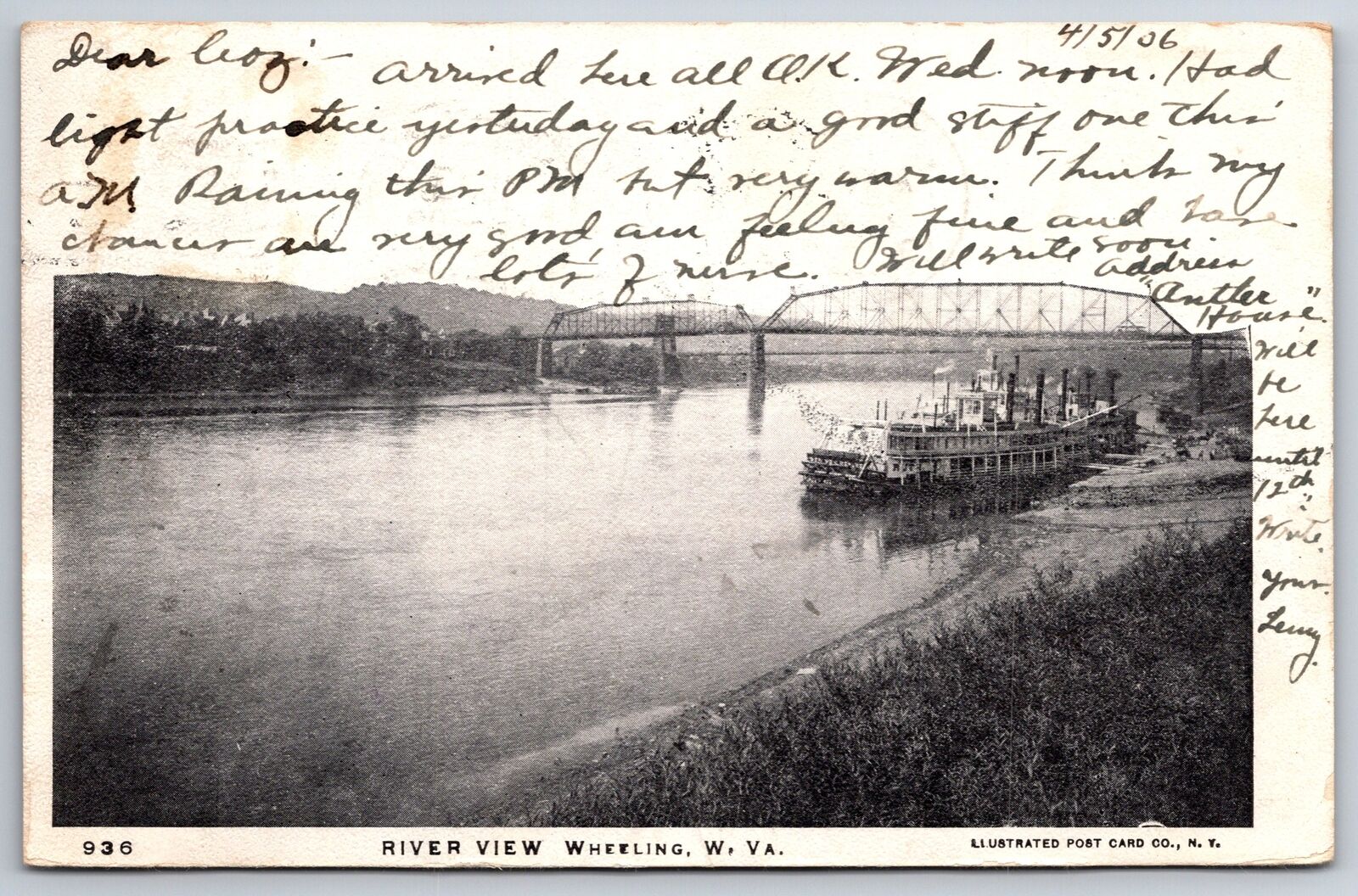 Wheeling West Virginia~River View~Steamers Along Shore~Bridge Behind~1906 PC