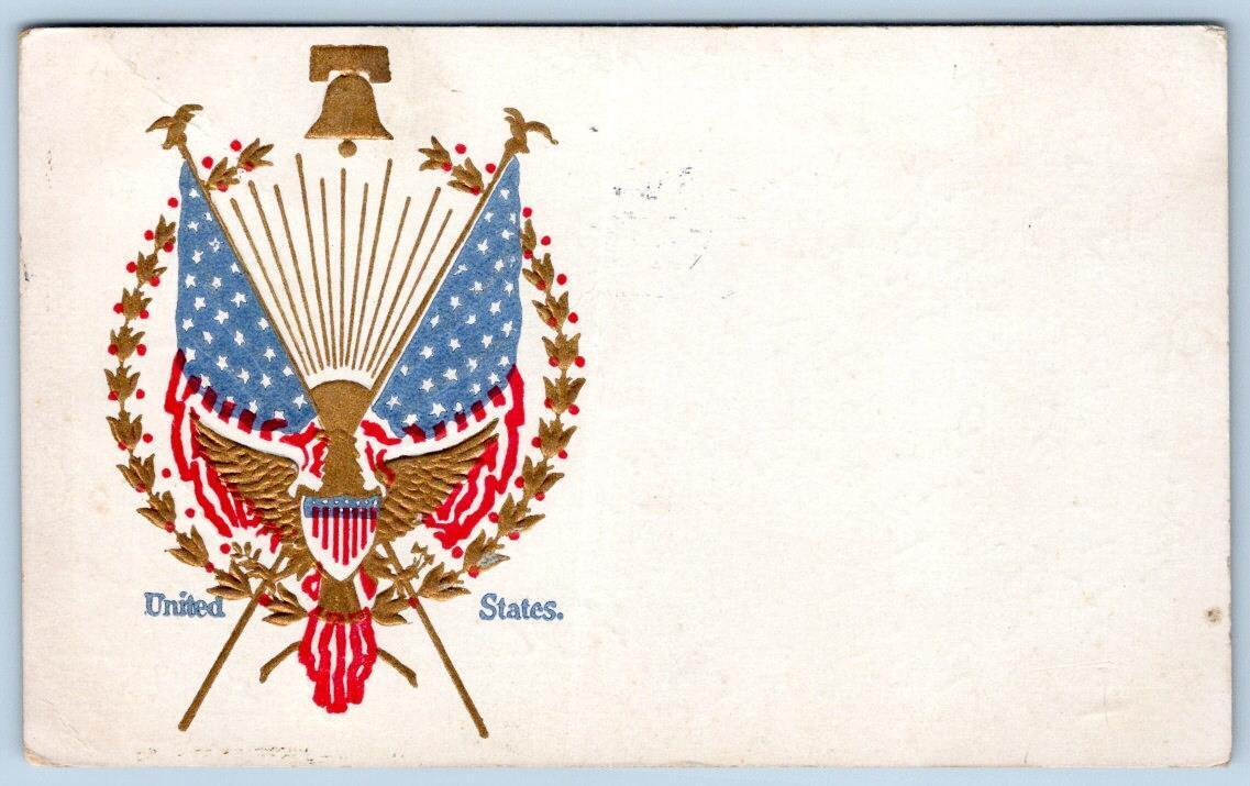 1909 PATRIOTIC UNITED STATES EMBOSSED AMERICAN FLAGS EAGLE LAUREL WREATH BELL