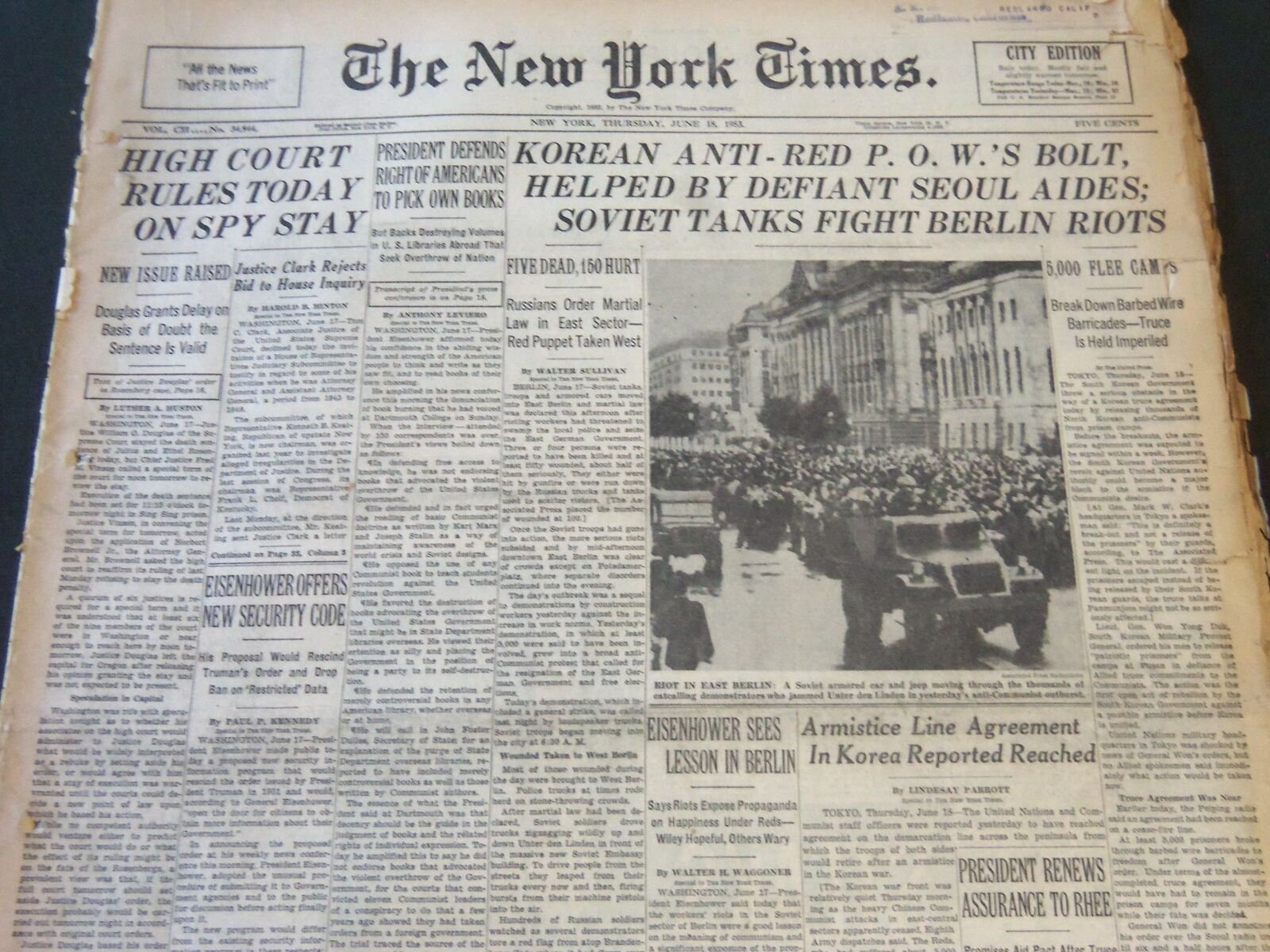 1953 JUNE 18 NEW YORK TIMES - HIGH COURT RULES TODAY ON SPY STAY - NT 6311