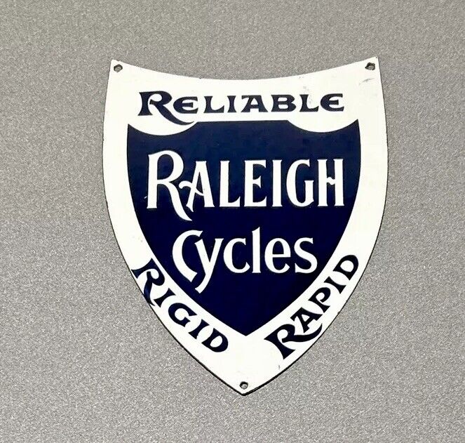 VINTAGE 12” RARE RALEIGH BICYCLE OIL PORCELAIN SIGN CAR GAS AUTO