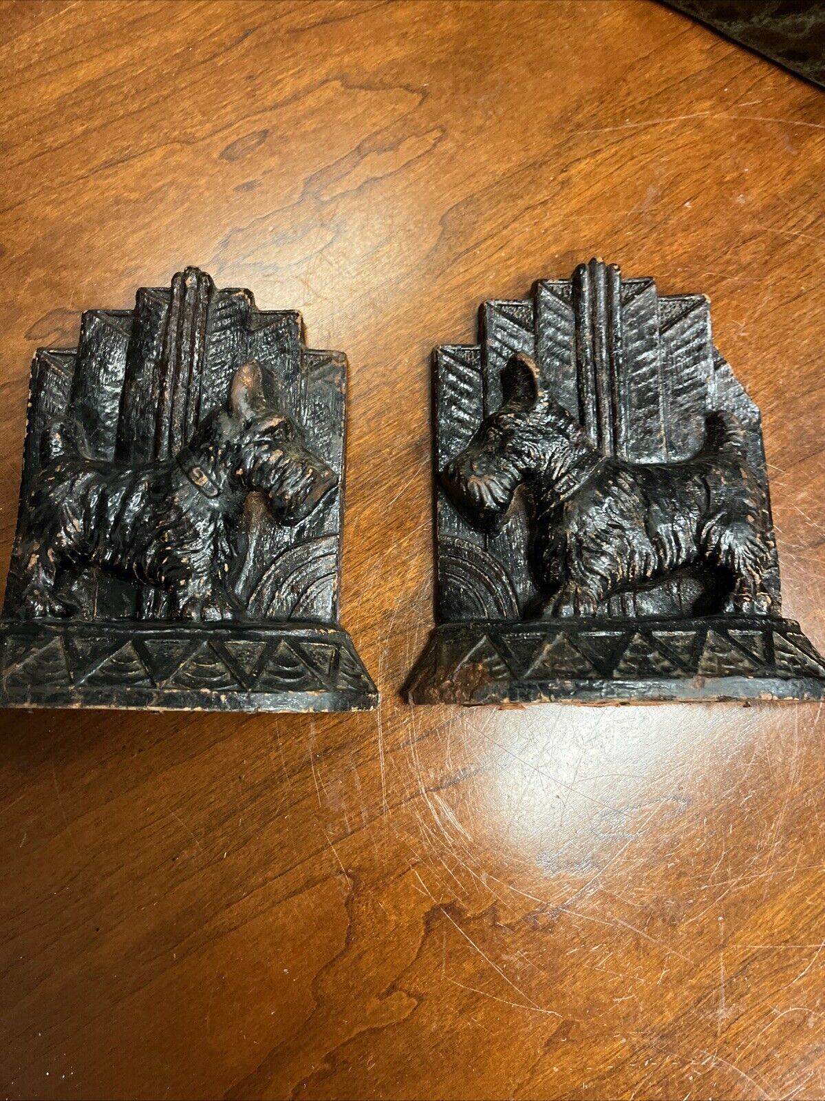 Antique Art Deco Wooden Scottie Dog Bookends Hand Carved-5.5”x4.5”